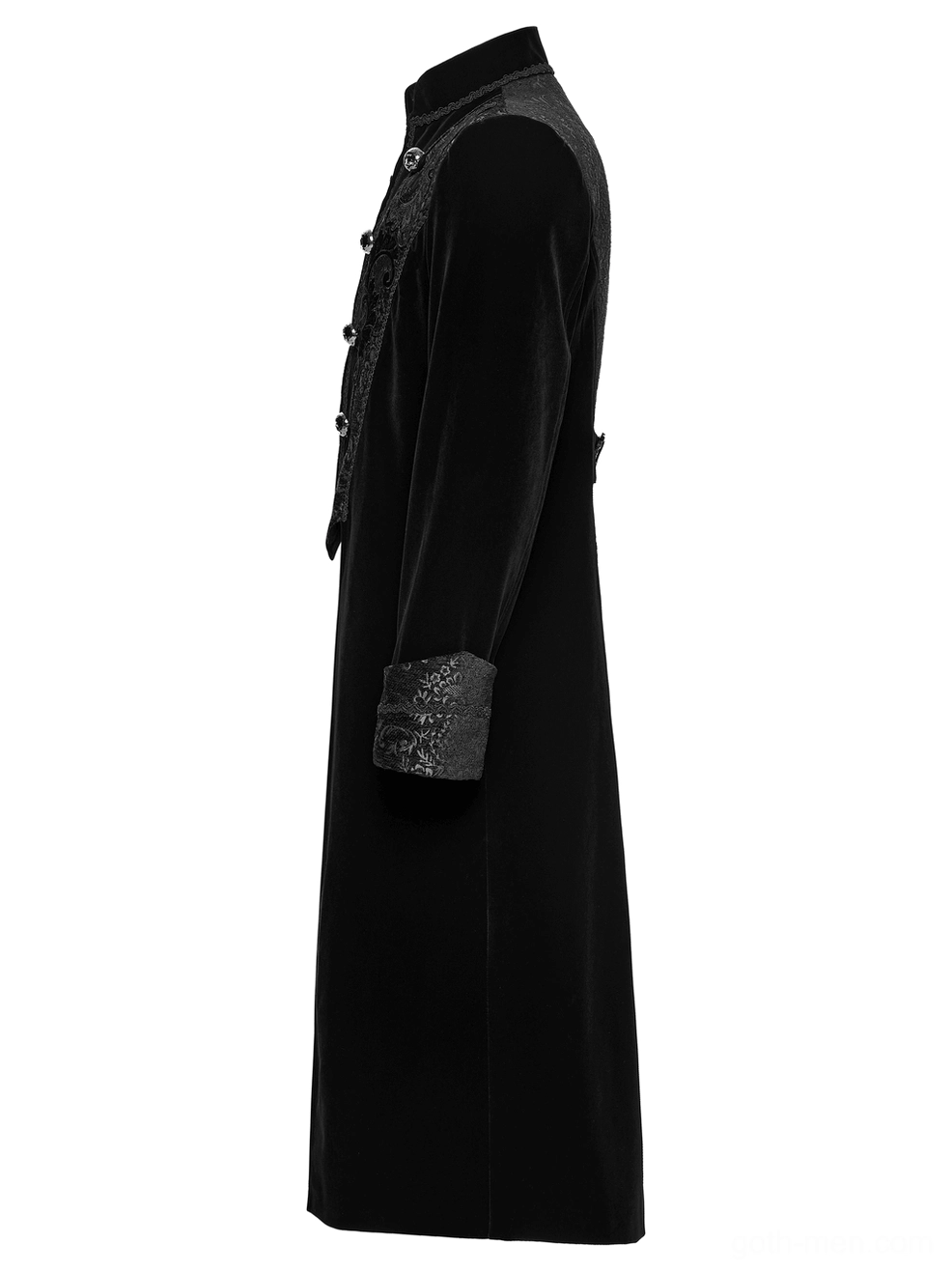 Black gothic velvet coat side view showcasing slim tailored sleeves, fitted cuffs with jacquard patterning, and coat length