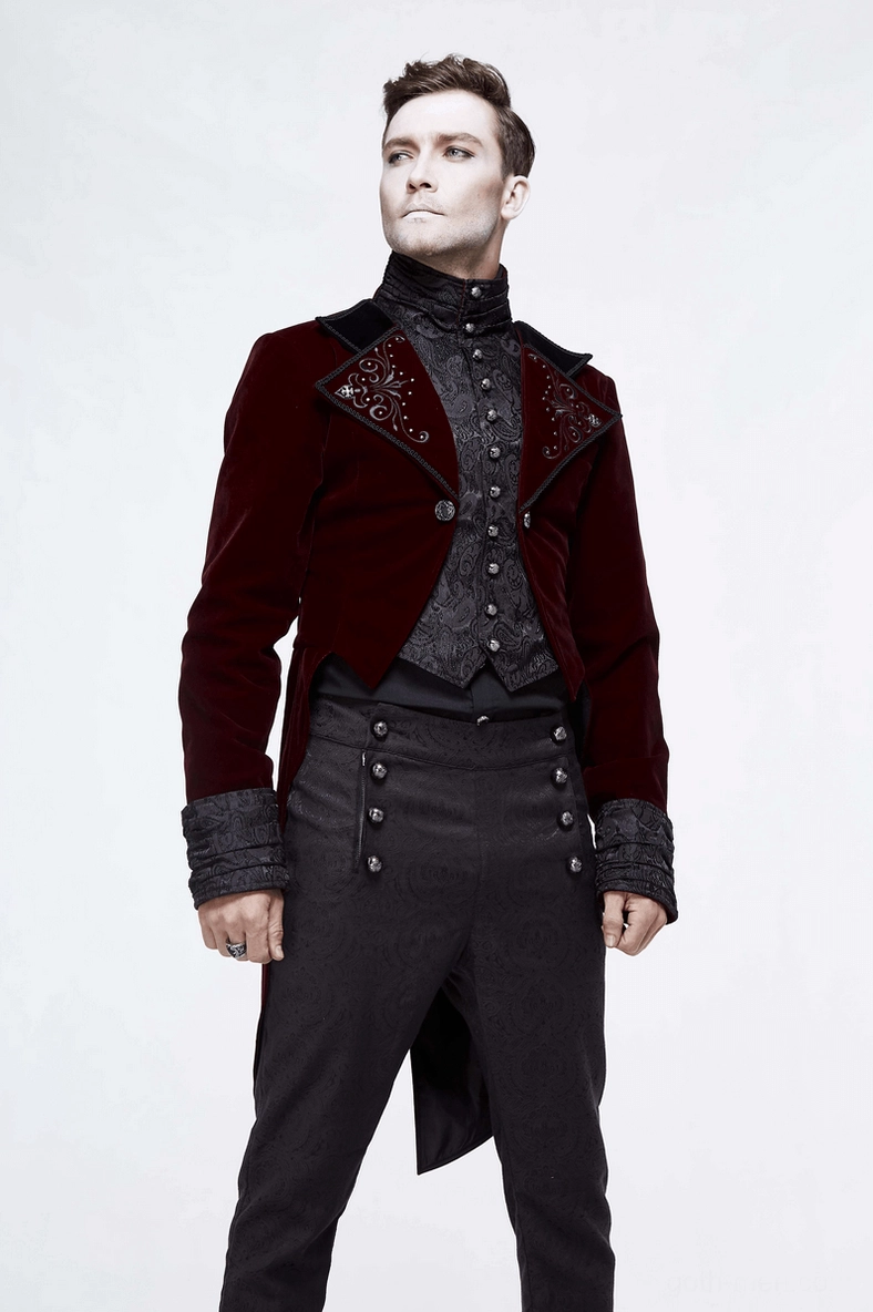 Detail shot of men's gothic velvet coat showing sleeve construction, cuff opening, and tailored fit