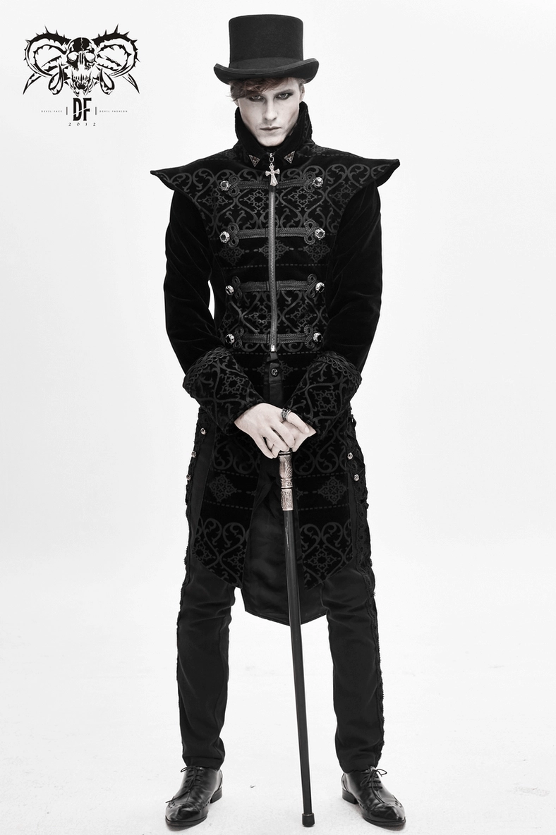 Black gothic velvet coat back panel showing split tail hem and comprehensive gothic embroidery coverage