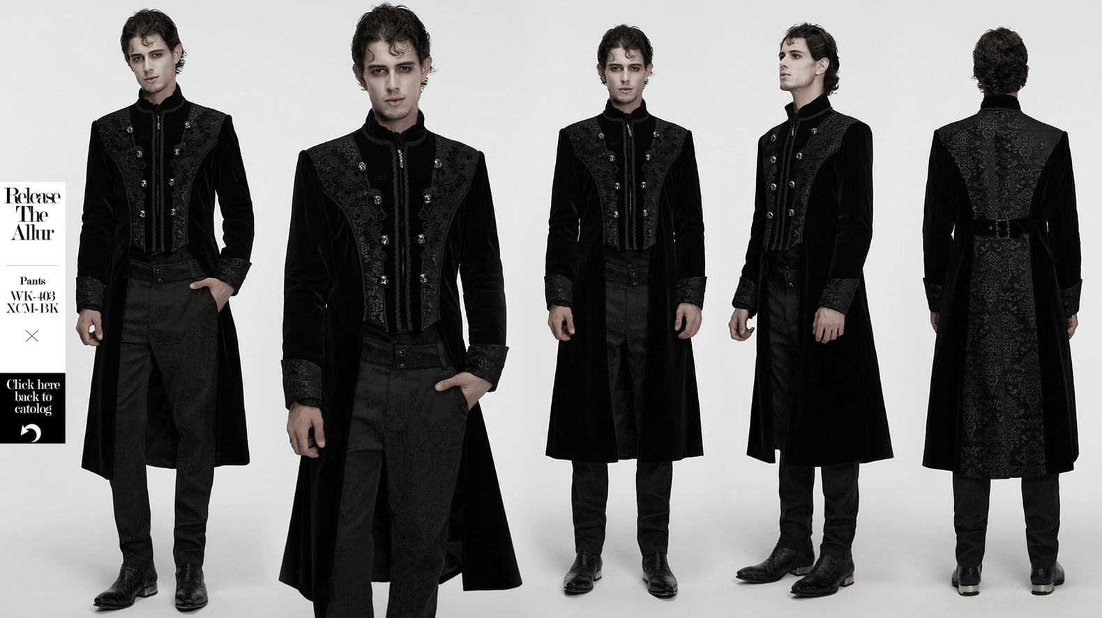 Black gothic velvet coat texture and fabric close-up showcasing premium velvet material and embroidered palace details