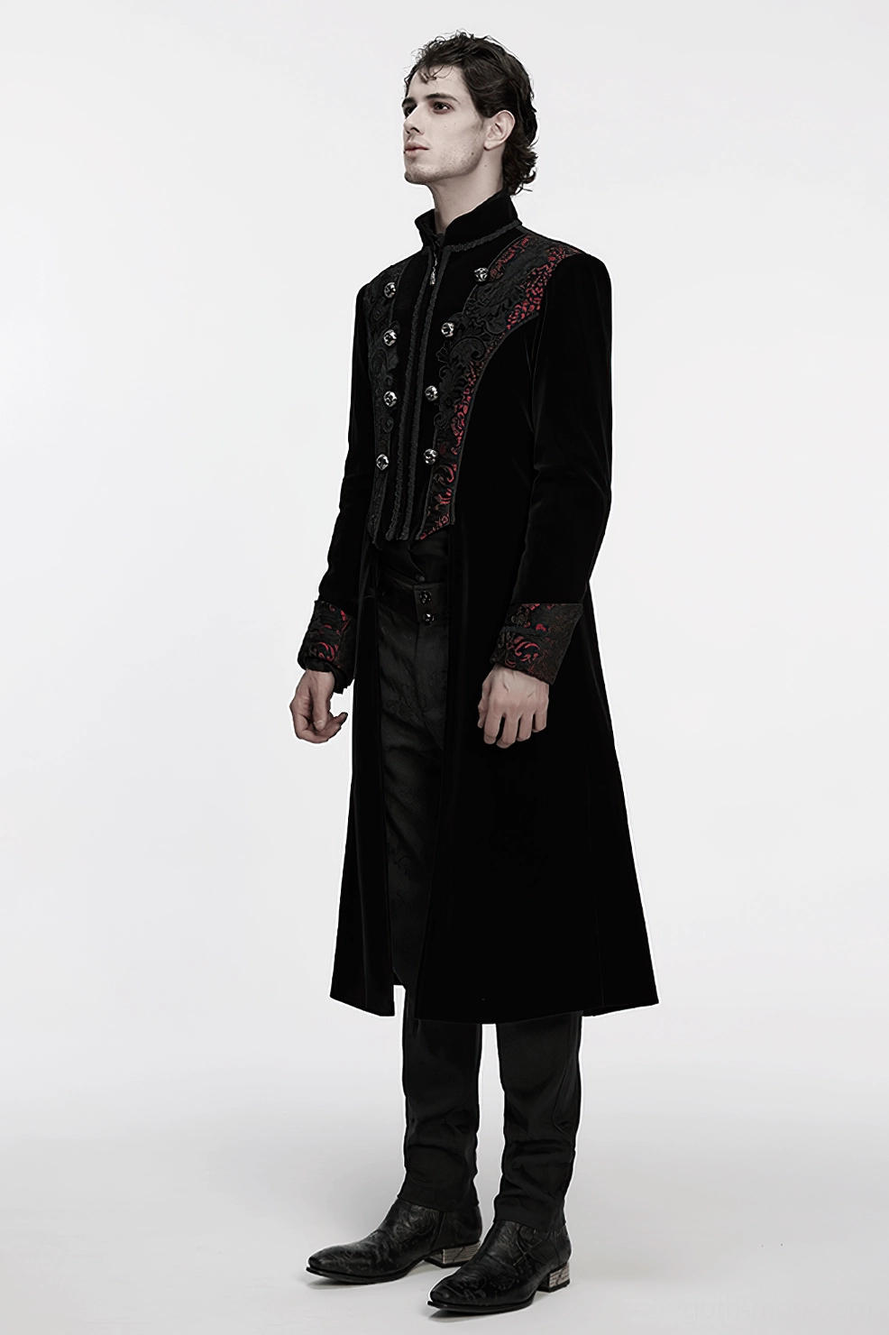 Three-quarter view of men's gothic velvet coat with palace-inspired embroidered patterns