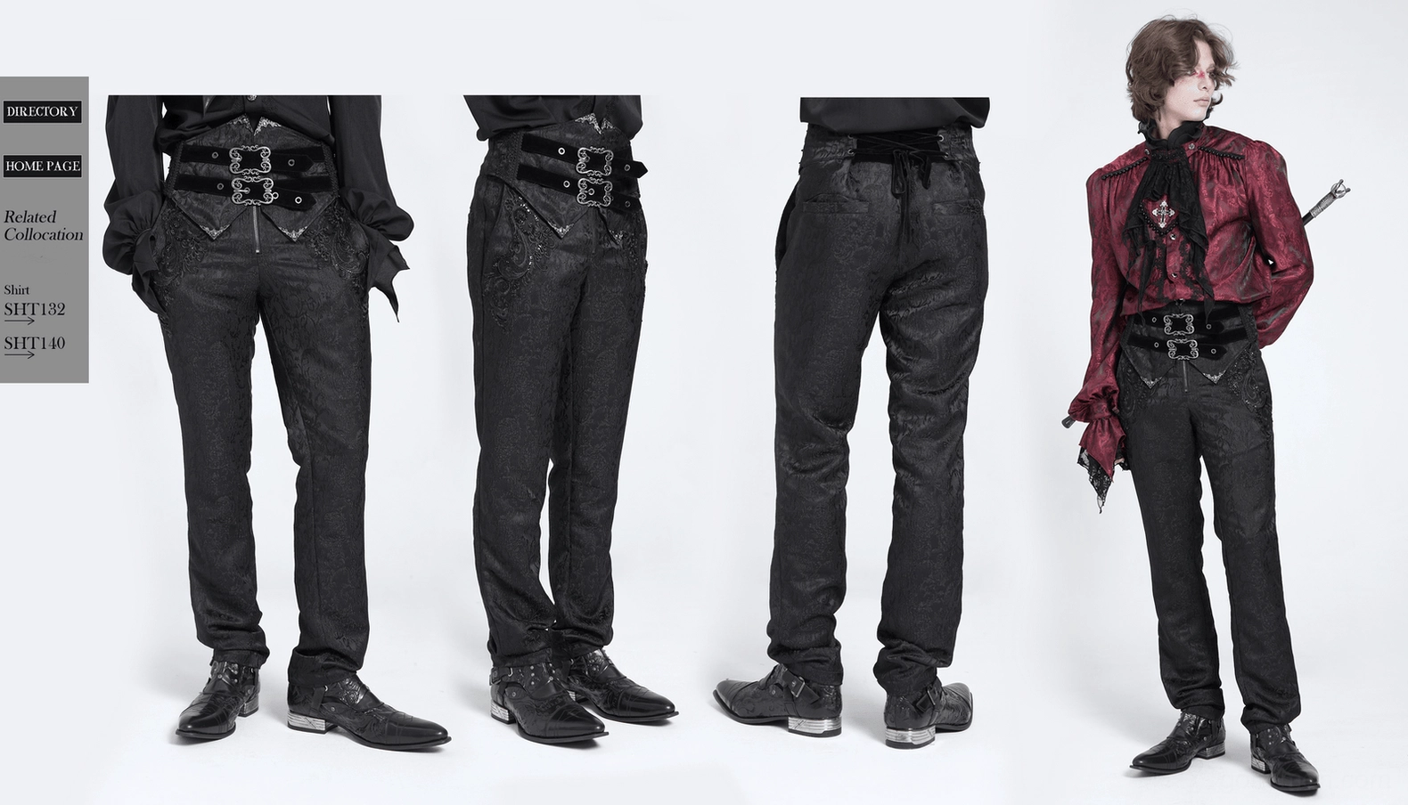 Black gothic velvet corset jacquard pants - comprehensive view showing waist buckles, fabric texture, and tapered leg construction