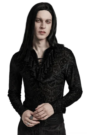 Black velvet gothic high collar top front three-quarter view with lace-up placket on male model