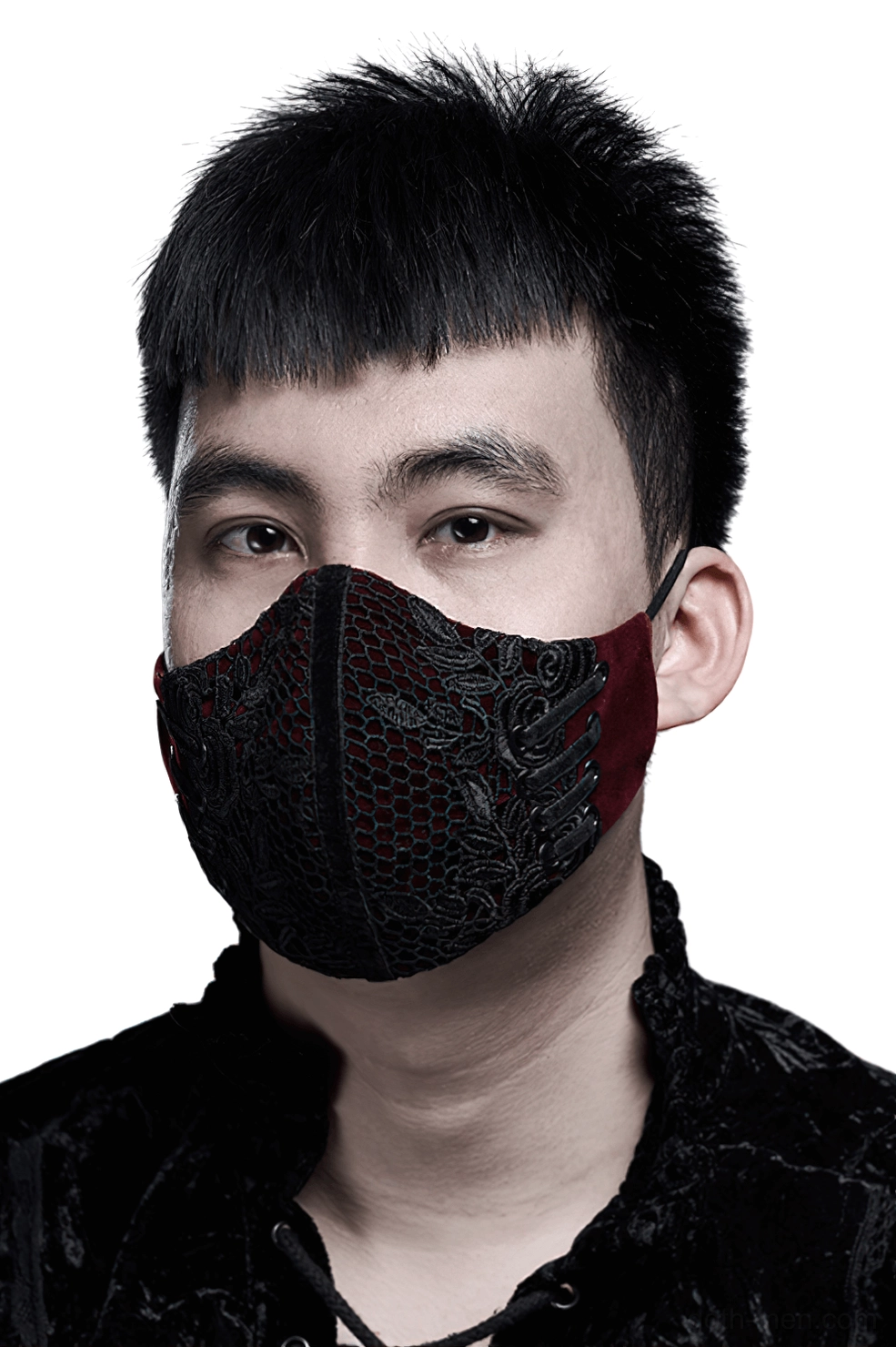 Black lace Gothic velvet masquerade mask worn on model, front close-up view showcasing intricate floral lace embroidery and wine red velvet details