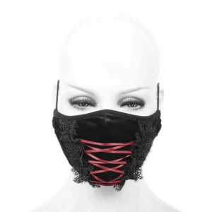 Black gothic velvet mask with red ribbon corset design worn on mannequin - front facing view showing full face coverage