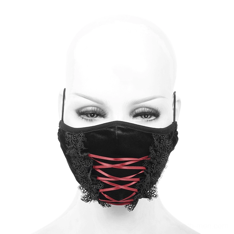 Black gothic velvet mask with red ribbon corset design worn on mannequin - front facing view showing full face coverage