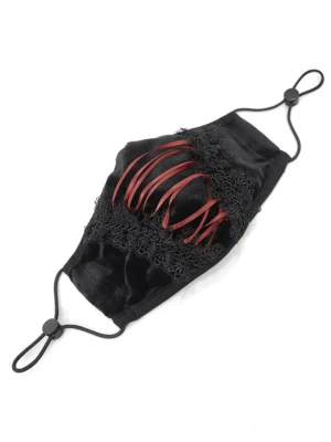 Black velvet gothic face mask with red corset lacing and floral lace trim - flat lay product shot showing adjustable ear strap