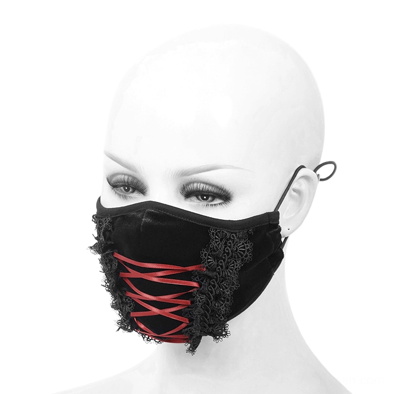 Black gothic corset-style face mask with adjustable ear loops - left three-quarter view showing red ribbon lacing details