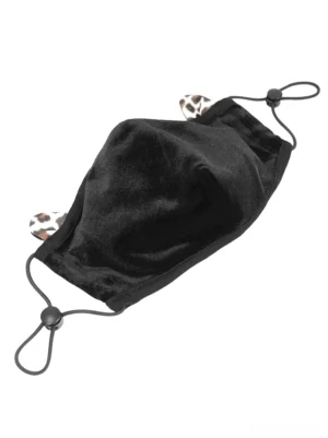 Black velvet gothic face mask with leopard ears, adjustable ear toggles, flat lay overhead view on white background