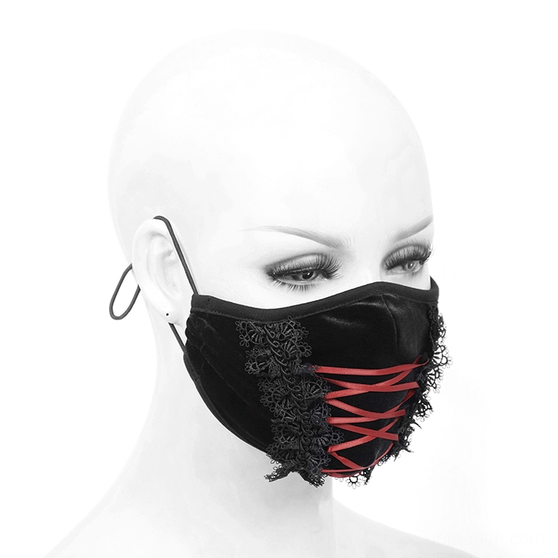 Gothic black velvet lace mask with red accents - right three-quarter angle view on female mannequin head