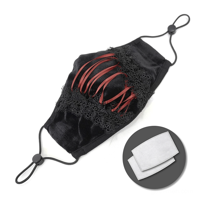 Gothic velvet mask with 2 replacement filter pads included - flat product display showing all components