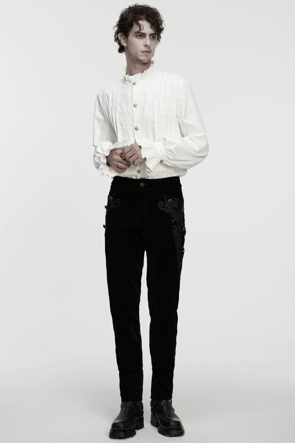Black velvet gothic pants lifestyle image showing alternative fashion styling for gothic events and venues