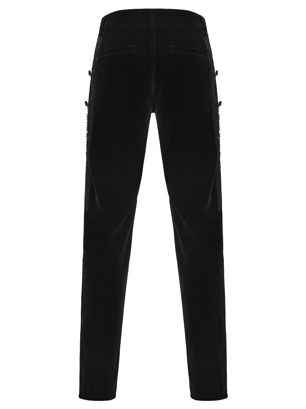 Black velvet gothic pants rear flat lay displaying back pocket design and side decorative buttons