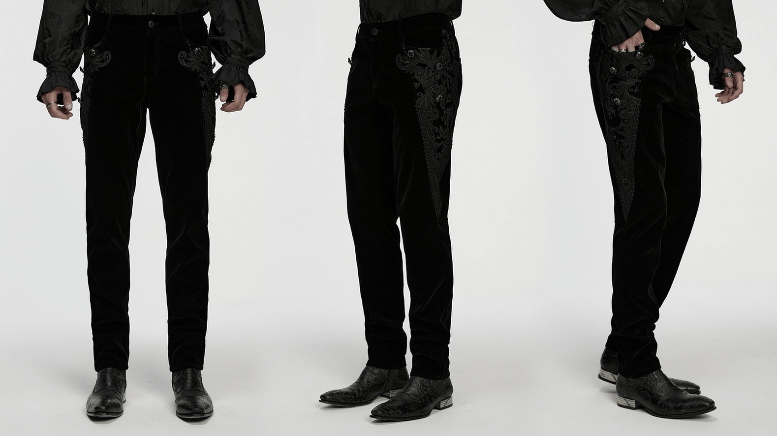 Black velvet gothic pants detail showing premium velvet texture and embossed vintage pattern construction