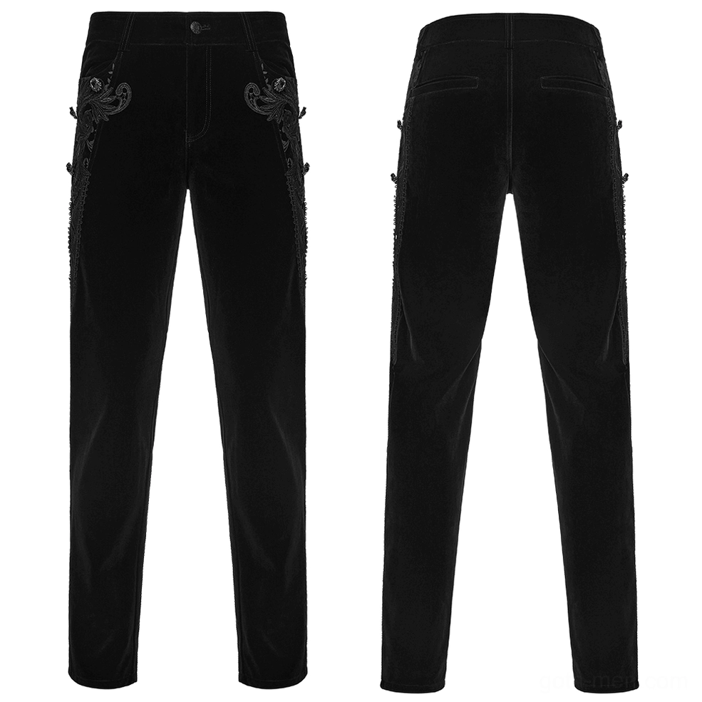 Black velvet gothic pants flat lay front and rear showing full garment construction and ornate design elements