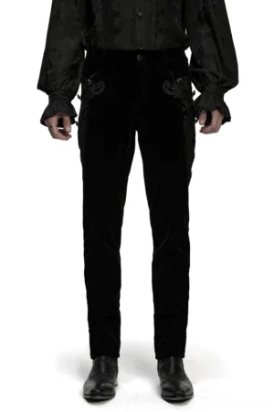 Black velvet gothic pants with gemstone buttons and ornate lace trim, front full-body view on male model