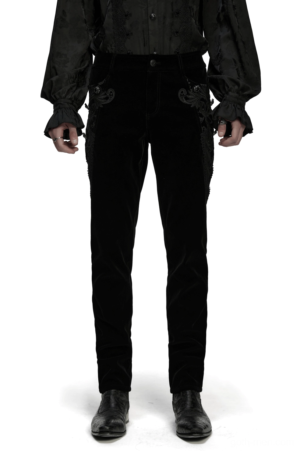 Black velvet gothic pants with gemstone buttons and ornate lace trim, front full-body view on male model