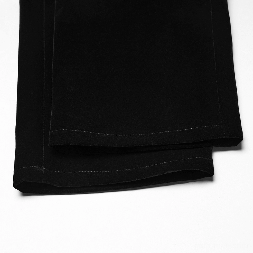 Black velvet gothic pants side lace trim close-up showing detailed embroidered lacework and velvet texture