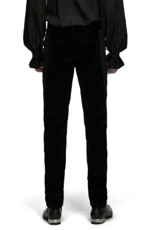 Black velvet gothic pants rear view showing back pocket embroidery and side lace details on male model