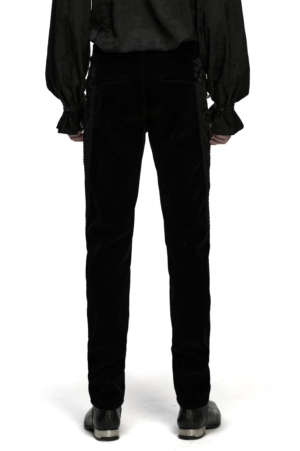 Black velvet gothic pants rear view showing back pocket embroidery and side lace details on male model