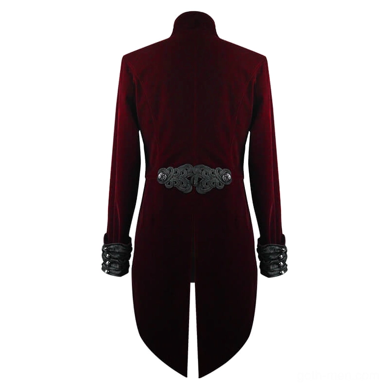 Back flat lay of men's gothic velvet tailcoat highlighting ruched cuff details and professional construction