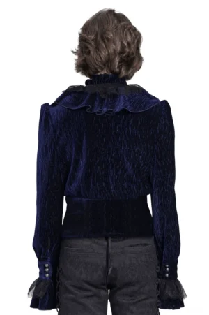 Back view of navy velvet gothic shirt showing high ruffled collar and cropped fitted waist on male model