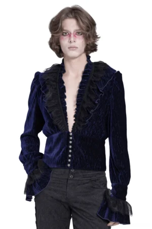 Front view of midnight navy crushed velvet gothic ruffled shirt with black lace trim and pearl buttons on male model