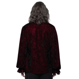 Back view of men's gothic velvet shirt showing flared long sleeves and ruffled cuffs with embossed dark floral pattern