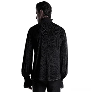 Men's gothic velvet shirt rear view, all-over damask pattern coverage, black laser-burned floral design