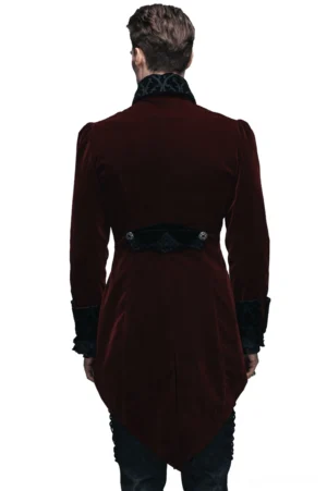 Burgundy steampunk gothic velvet tailcoat rear view showing split tail hem and embroidered waist belt detail