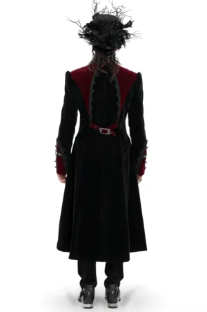 Gothic tailcoat rear perspective displaying long split back design, high stand collar, and waist buckle straps on male model