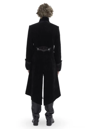 Black gothic velvet tailcoat rear view showing split hemline and decorative waist panel