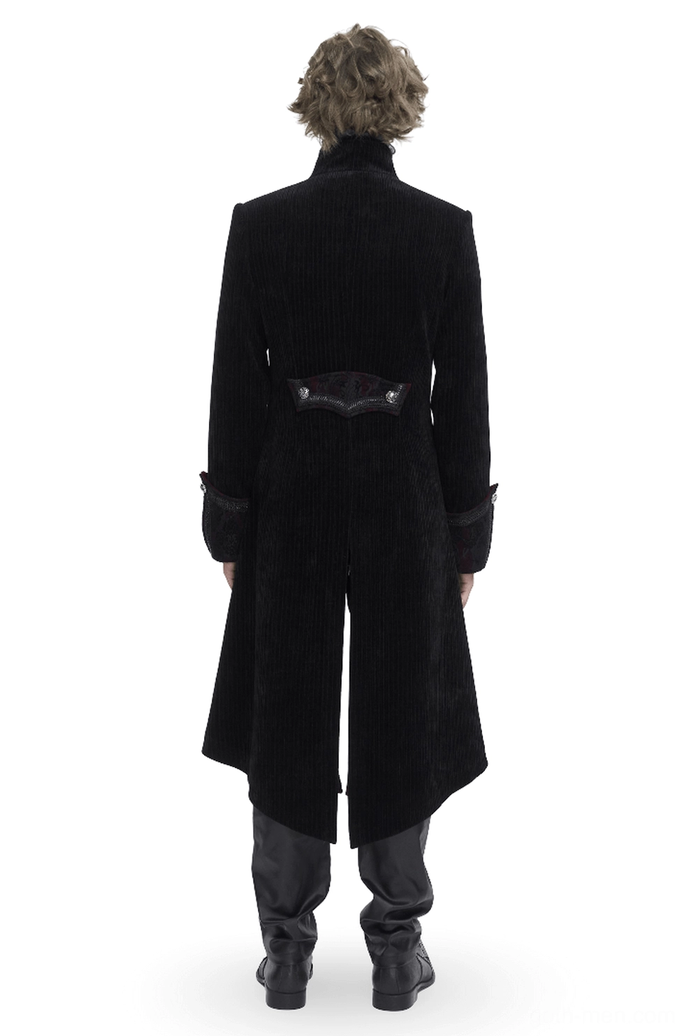 Black gothic velvet tailcoat rear view showing split hemline and decorative waist panel