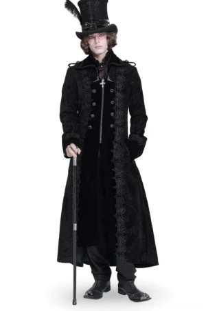 Men's black velvet gothic tailcoat with brocade trim front view on model wearing top hat