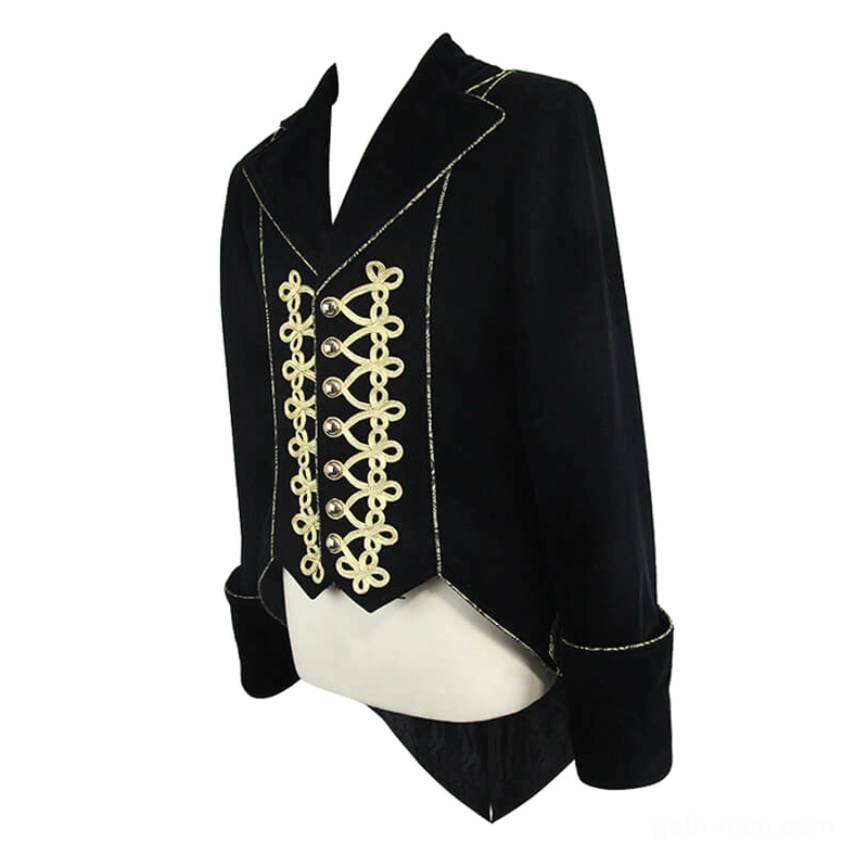 Side three-quarter perspective of men's black velvet tailcoat with dramatic gold embroidery on edges and refined silhouette