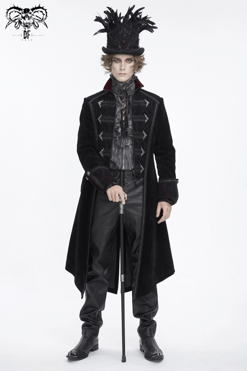 Black gothic velvet tailcoat showcase full front presentation with theatrical styling