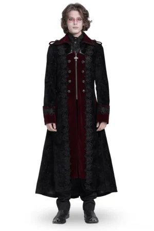 Men's gothic velvet tailcoat black with wine red brocade front view on model