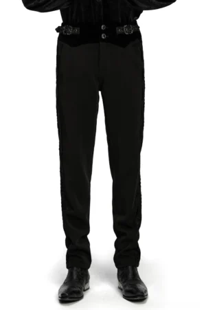 Men's gothic velvet waist tailored trousers with lace side panels - front view on model