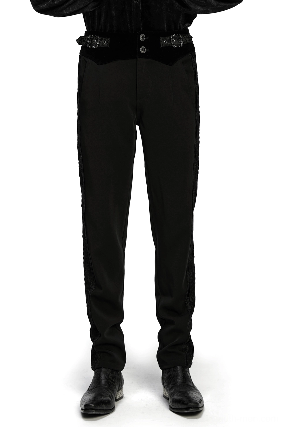 Men's gothic velvet waist tailored trousers with lace side panels - front view on model