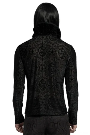 Black jacquard velvet gothic top rear view showing all-over vintage print and tailored fit
