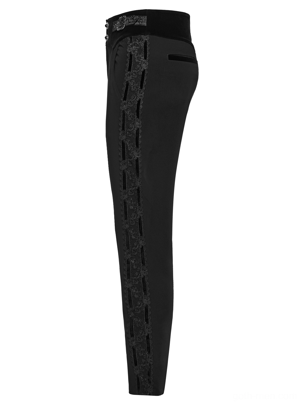 Side view flat lay of gothic velvet waist trousers showing ornate lace panels and high-waisted design