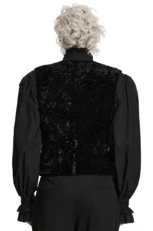 Black velvet waistcoat rear view showing adjustable waist buckle and tailored fit