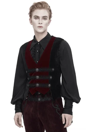 Gothic velvet waistcoat front upper body view on male model, black and wine red two-tone, ornate metal buttons, lace trim detail