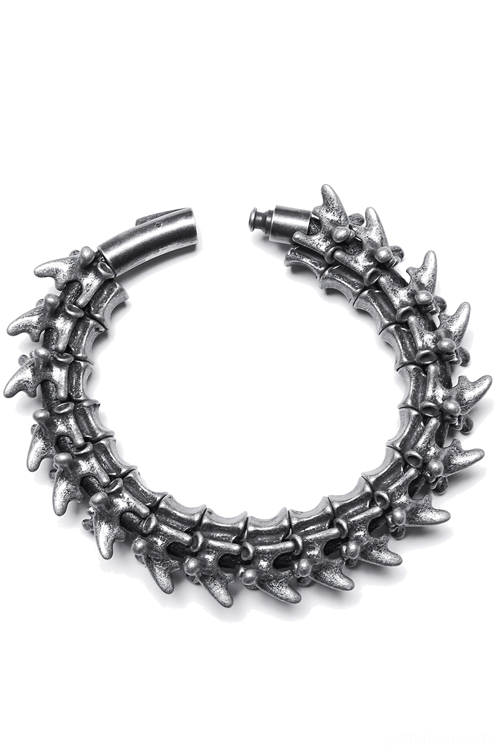 Vertebra spike metal gothic bracelet top-down view, aged dark silver finish with open clasp