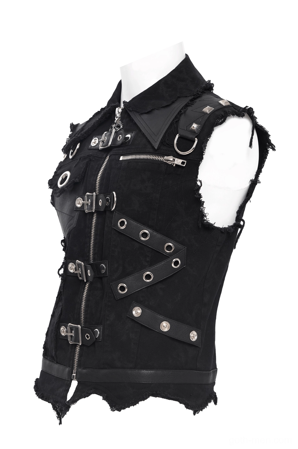 Gothic vest with asymmetrical straps left side view cut-off armholes