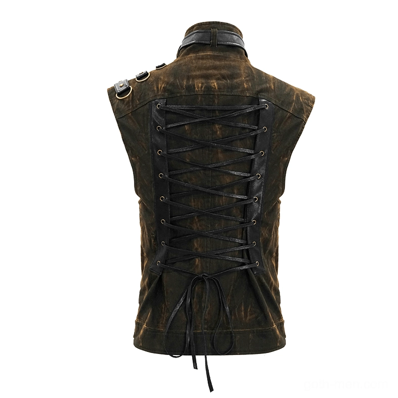 Rear flat view of brown gothic vest displaying adjustable lace-up back and drawstring detail