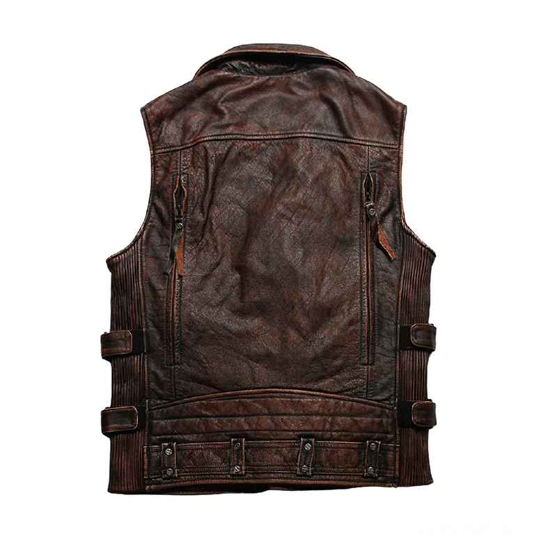 Back flat lay of leather biker vest with adjustable hardware and rear zipper pockets - gothic waistcoat design