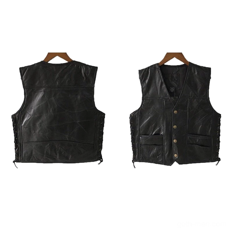 Black gothic leather sleeveless waistcoat rear panel with patchwork construction