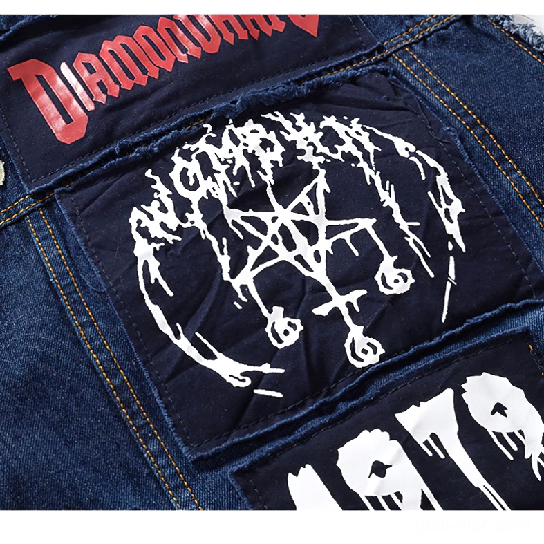 Central back patch area of gothic blue denim vest featuring large pentagram goth emblem and DIAMONDHAZE text print, showcasing main design centerpiece