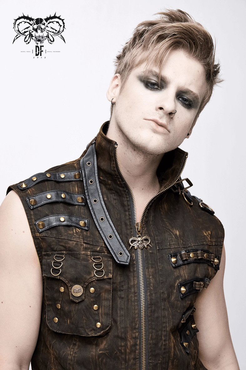 Brass buckle hardware and rivet configuration on brown steampunk gothic waistcoat